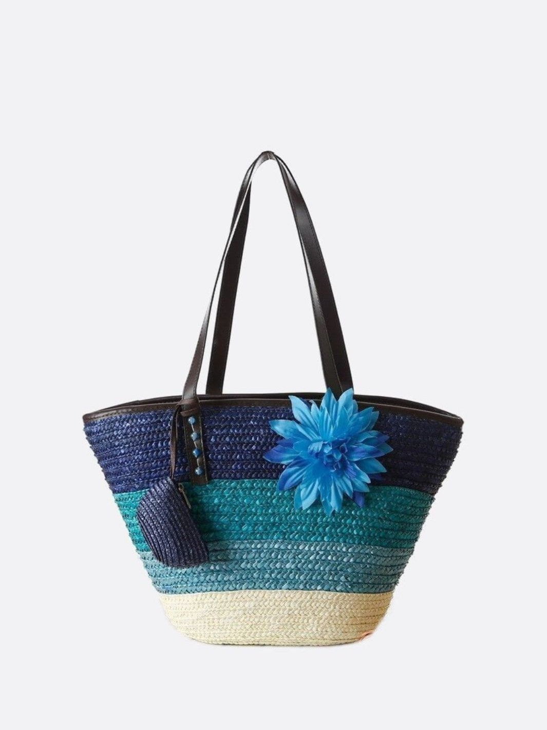 Cabas paille fleurs bleu foncé